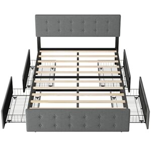 Amyove Queen Size Bed Frame with 4 Storage Drawers,Grey Queen Size Platform Bed Frame with Adjustable Headboard and Wooden Slats Support,No Box Spring Needed(Queen)