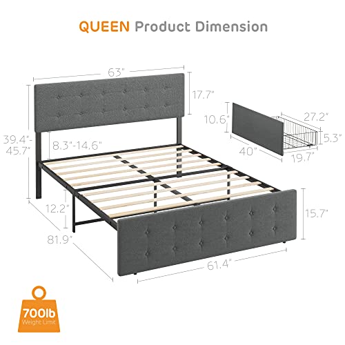 Amyove Queen Size Bed Frame with 4 Storage Drawers,Grey Queen Size Platform Bed Frame with Adjustable Headboard and Wooden Slats Support,No Box Spring Needed(Queen)