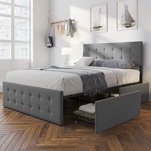 amyove full size bed frame with 4 storage drawers,grey full size platform bed frame with adjustable headboard and wooden slats support,no box spring needed (full)