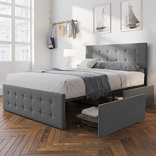 Amyove Full Size Bed Frame with 4 Storage Drawers,Grey Full Size Platform Bed Frame with Adjustable Headboard and Wooden Slats Support,No Box Spring Needed (Full)