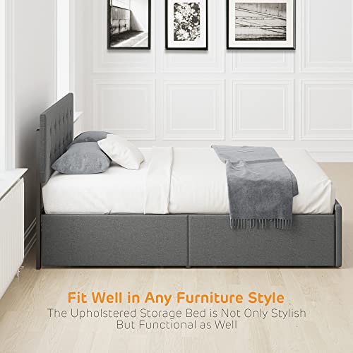 Amyove Full Size Bed Frame with 4 Storage Drawers,Grey Full Size Platform Bed Frame with Adjustable Headboard and Wooden Slats Support,No Box Spring Needed (Full)