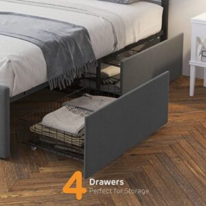 Amyove Full Size Bed Frame with 4 Storage Drawers,Grey Full Size Platform Bed Frame with Adjustable Headboard and Wooden Slats Support,No Box Spring Needed (Full)