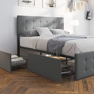 Amyove Full Size Bed Frame with 4 Storage Drawers,Grey Full Size Platform Bed Frame with Adjustable Headboard and Wooden Slats Support,No Box Spring Needed (Full)