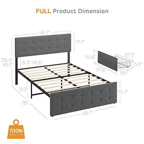 Amyove Full Size Bed Frame with 4 Storage Drawers,Grey Full Size Platform Bed Frame with Adjustable Headboard and Wooden Slats Support,No Box Spring Needed (Full)