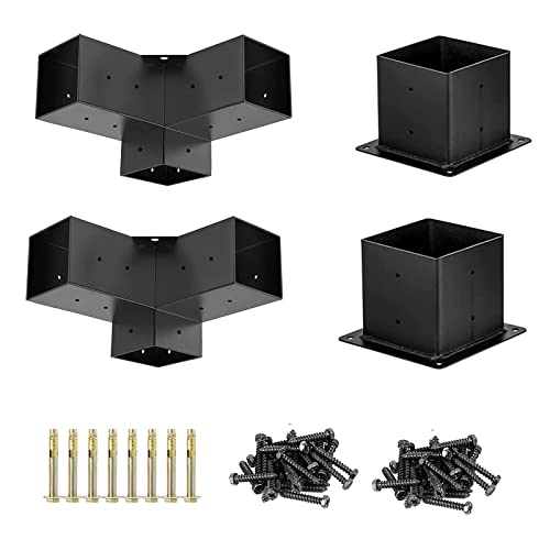 GGAIFbp Pergola Kit Brackets 4"x4" 2 Pack Heavy Duty 3-Way Right Angle Corner Pergola Hardware Brackets Kit and 2 Pcs Pergola Post Base for Gazebos,Patio Pergolas