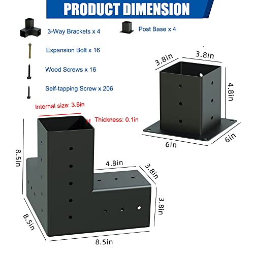 Pergola Kit, 3-Way Right Angle Pergola Brackets, 4 Pack Elevated Wood Stand Kit with Screws for 4x4 (Actual: 3.5x3.5 Inch) Lumber, Woodworks DIY Post Base Kit, Outdoor Pergola Hardware Kit