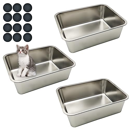 Hamiledyi Stainless Steel Cat Litter Box 3PCS, 17.7" X 13.8" X 5.9" Pet Metal Litter Box, Easy to Clean, No Odor Small Pet Toilet for Cat Kitties Rabbits Hedgehog (3PCS, 17.7" X 13.8" X 5.9")