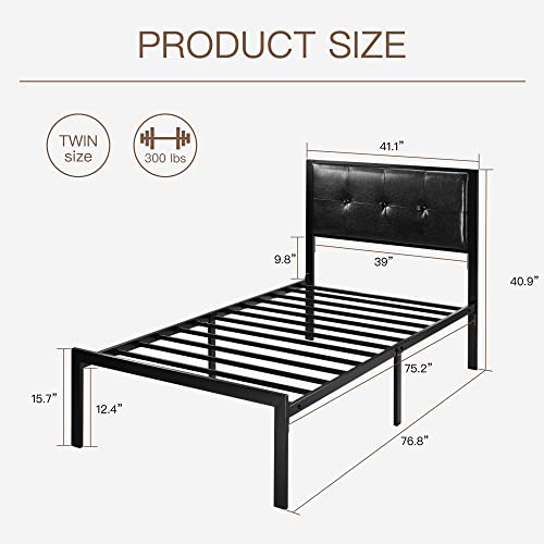 AEZOS Twin Metal Platform Bed Frame with Headboard & Footboard, Heavy Duty Steel Slats Support, Platform Mattress Base No Box Spring Needed, No Noise, Easy Assembly, Faux Leather, Black