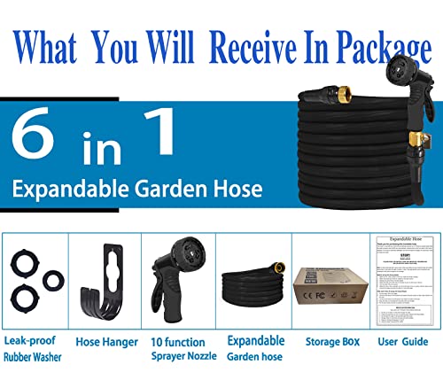 Expandable Garden Hose Water Hose 100ft Lightweight Retractable Long Hose,No Kink Flexible Hose With 10 Standard Function Nozzle,SUPER Latex Core Flex Hose Outdoor Watering Equipment Hose Black