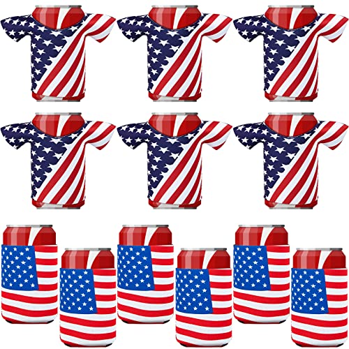 Frienda 12 Pieces America Beer Can Cooler Sleeves Can Cooler Sleeves for 4th of July USA Flag Patriotic Neoprene Coolers Insulated for Party Supplies Favors for 12oz Canned Beverages Bottle Drink