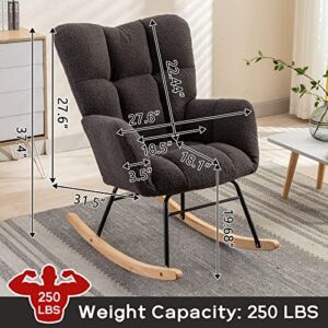 Sudwesto Modern Nursery Rocking Chair, Upholstered Glider Chair with High Backrest, Rocker Accent Armchair with Solid Wood Legs for Nursery Bedroom Living Room (Dark Grey Teddy)