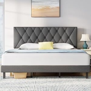 molblly king size bed frame with adjustable headboard, linen fabric wrap, strong frame and wooden slats support, no box spring needed, non-slip and noise-free, easy assembly, dark grey