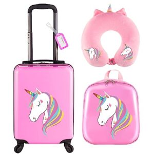 sanwuta 4 pieces unicorn luggage for girls pink travel rolling suitcase with wheels kids luggage set with backpack neck pillow name tag