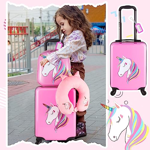 Sanwuta 4 Pieces Unicorn Luggage for Girls Pink Travel Rolling Suitcase with Wheels Kids Luggage Set with Backpack Neck Pillow Name Tag