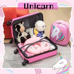 Sanwuta 4 Pieces Unicorn Luggage for Girls Pink Travel Rolling Suitcase with Wheels Kids Luggage Set with Backpack Neck Pillow Name Tag