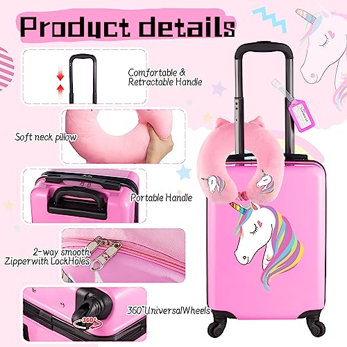 Sanwuta 4 Pieces Unicorn Luggage for Girls Pink Travel Rolling Suitcase with Wheels Kids Luggage Set with Backpack Neck Pillow Name Tag