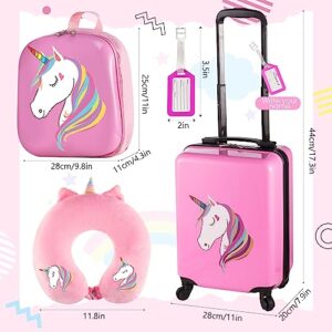 Sanwuta 4 Pieces Unicorn Luggage for Girls Pink Travel Rolling Suitcase with Wheels Kids Luggage Set with Backpack Neck Pillow Name Tag