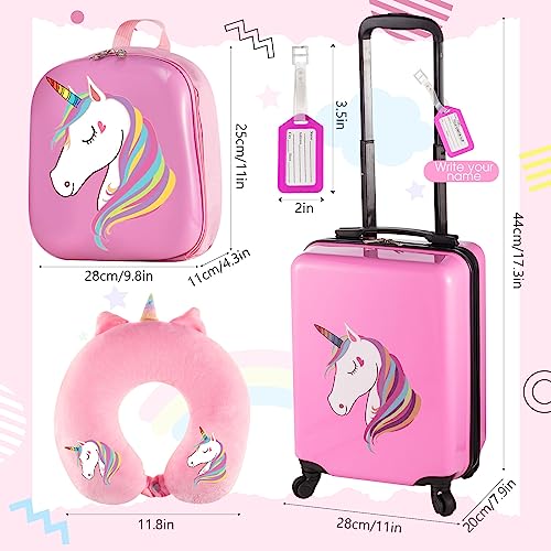 Sanwuta 4 Pieces Unicorn Luggage for Girls Pink Travel Rolling Suitcase with Wheels Kids Luggage Set with Backpack Neck Pillow Name Tag