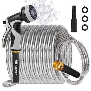 greener stainless steel garden hose 50ft-heavy duty metal water hose rust-proof flexible hose with 10 functional nozzle, anti-puncture kink-resistant tangle free pet-proof hose for outdoor yard lawn
