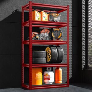 REIBII 72"H Garage Shelving Heavy Duty Storage Shelves 1750LBS Adjustable Garage Storage Shelves 5 Tier Metal Shelving Unit for Storage Shelving Storage Rack 72"H x 16.8"D x 31.8"W Red Black 4 Pack