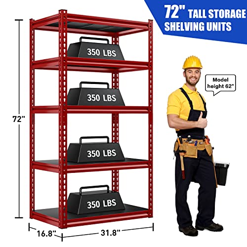 REIBII 72"H Garage Shelving Heavy Duty Storage Shelves 1750LBS Adjustable Garage Storage Shelves 5 Tier Metal Shelving Unit for Storage Shelving Storage Rack 72"H x 16.8"D x 31.8"W Red Black 4 Pack