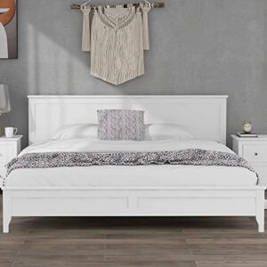 meritline king size platform bed frame with headboard/solid wood foundation with wood slat support/no box spring needed/easy assembly, rustic pine (king, white)