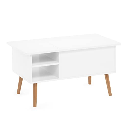 Furinno Jensen Wooden Leg Lift Top Coffee Table with Hidden Compartment and Side Open Storage Shelf for Living Room, Solid White