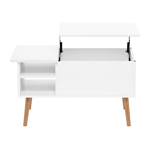 Furinno Jensen Wooden Leg Lift Top Coffee Table with Hidden Compartment and Side Open Storage Shelf for Living Room, Solid White