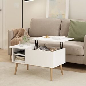 Furinno Jensen Wooden Leg Lift Top Coffee Table with Hidden Compartment and Side Open Storage Shelf for Living Room, Solid White