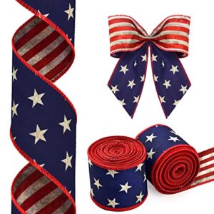 2 rolls patriotic wired edge ribbon stars and stripes reversible ribbons red white blue decorative ribbon for 4th of july memorial day bow wreath making diy crafts (vintage)