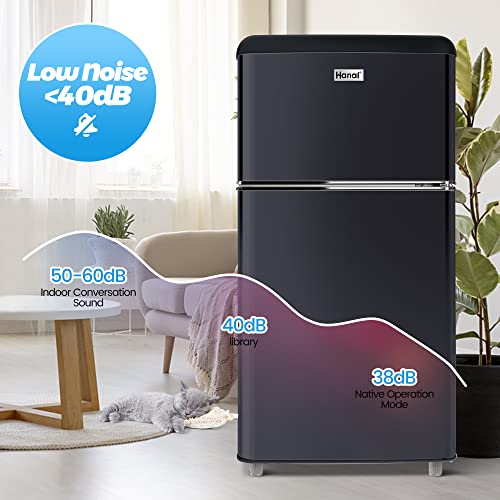 WANAI 3.2 Cu.Ft Compact Refrigerator with 2 Doors, Mini Fridge with Freezer, 40 dB Quiet, 7-Settings Mechanical Thermostat, LED Lights, Small Refrigerator for Bedroom Office, Dorm or Garage, (Black)