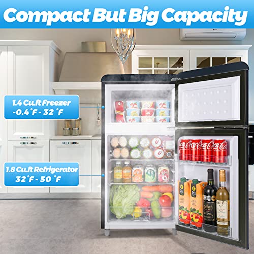 WANAI 3.2 Cu.Ft Compact Refrigerator with 2 Doors, Mini Fridge with Freezer, 40 dB Quiet, 7-Settings Mechanical Thermostat, LED Lights, Small Refrigerator for Bedroom Office, Dorm or Garage, (Black)