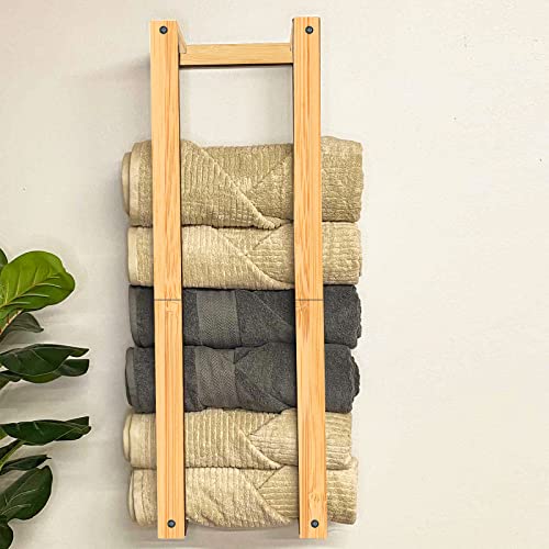 SKYFOOST 32'' Blanket Wall Rack, Made of Natural Bamboo, Handmade Blanket Holder for Room Wall Mounted, Floating Blanket Storage & Display, Wall Decor for Home and Bedroom Organizer