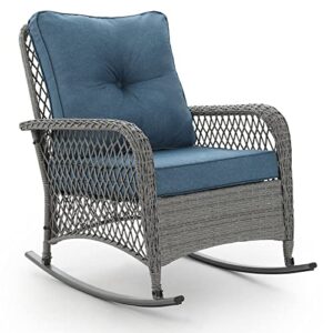 udpatio rocking chairs for outside, rattan rocking chair outdoor with 4'' thick cushions & 3.2''wide armrest for backyard, porch, balcony, poolside, 350lbs weight capacity,blue