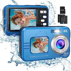 underwater camera, 4k 48mp autofocus waterproof digital camera with selfie hd dual screens, 11ft 16x digital zoom waterproof camera with 64gb card, fill light underwater camera for snorkeling