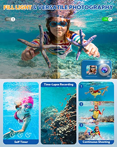 Underwater Camera, 4K 48MP Autofocus Waterproof Digital Camera with Selfie HD Dual Screens, 11FT 16X Digital Zoom Waterproof Camera with 64GB Card, Fill Light Underwater Camera for Snorkeling