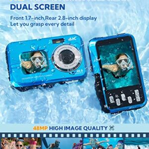 Underwater Camera, 4K 48MP Autofocus Waterproof Digital Camera with Selfie HD Dual Screens, 11FT 16X Digital Zoom Waterproof Camera with 64GB Card, Fill Light Underwater Camera for Snorkeling