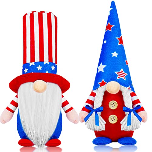 2PCS 4th of July Gnome Patriotic Gnomes Plush Independece Gnomes Decorations Couple Handmade Swedish Tomte Gnomes Ornaments for Patriotic Party Table Decoration Tiered Tray Decorations Fireplace Decor