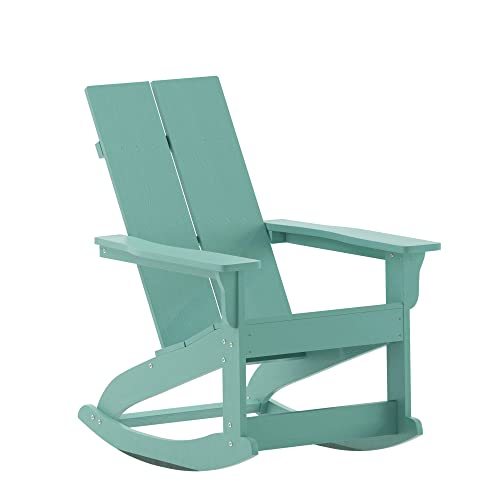 Flash Furniture Finn Modern Commercial Grade Poly Resin Wood Adirondack Rocking Chair - All Weather Sea Foam Polystyrene - Dual Slat Back - Stainless Steel Hardware