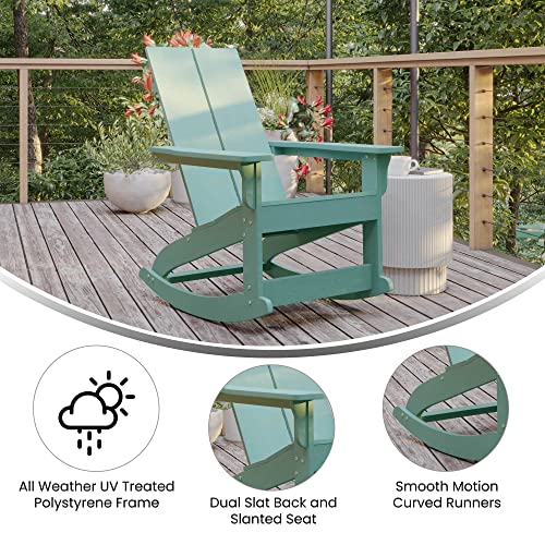 Flash Furniture Finn Modern Commercial Grade Poly Resin Wood Adirondack Rocking Chair - All Weather Sea Foam Polystyrene - Dual Slat Back - Stainless Steel Hardware