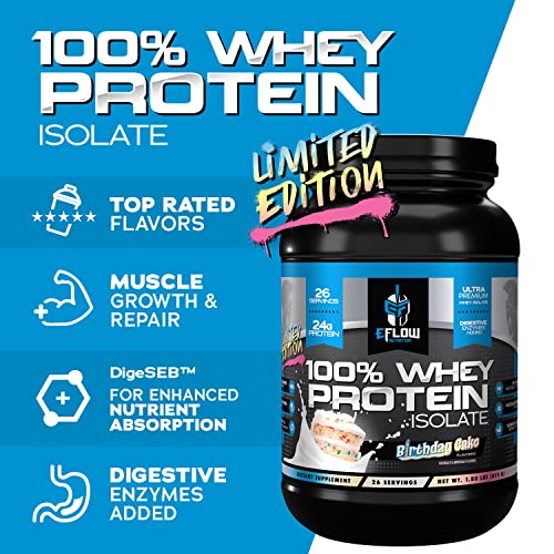 eFlow Nutrition 100% Whey Protein Isolate - Lactose-Free Digestive Enzymes Added, Low Carb, Post Workout Shake, Fast Digesting for Optimal Muscle Recovery - Birthday Cake (26 Servings)