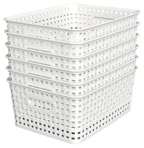 woven plastic storage baskets, 6 pack white weave bins organizer, 10.1" x 7.55" x 4.1"