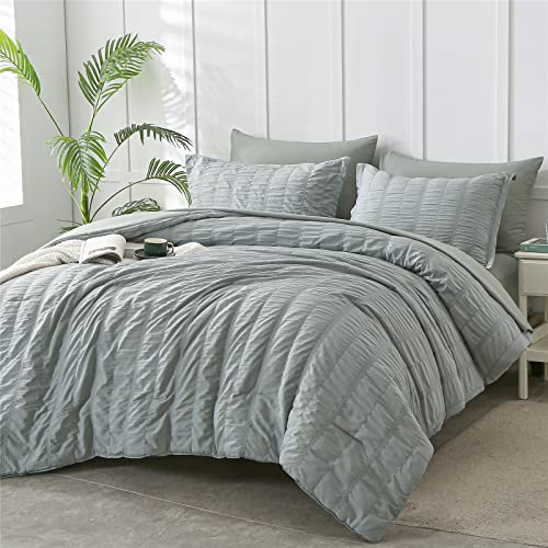 KAKIJUMN Sage Green Comforter Set Full Size, 7 Piece Bed in a Bag Seersucker Comforter and Sheet Set, All Season Soft Microfiber Complete Bedding Set(Green,Full)