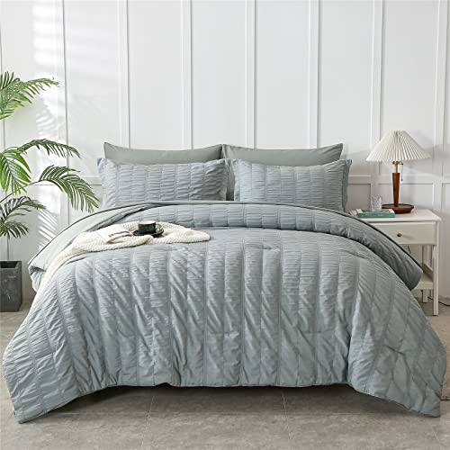 KAKIJUMN Sage Green Comforter Set Full Size, 7 Piece Bed in a Bag Seersucker Comforter and Sheet Set, All Season Soft Microfiber Complete Bedding Set(Green,Full)