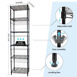 SUNLPH 6-Tier Wire Shelving Adjustable Shelves Unit Metal Storage Rack for Laundry Bathroom Kitchen Pantry Closet Organization (Black, 16.6" L x 11.4" W x 64.6" H)…