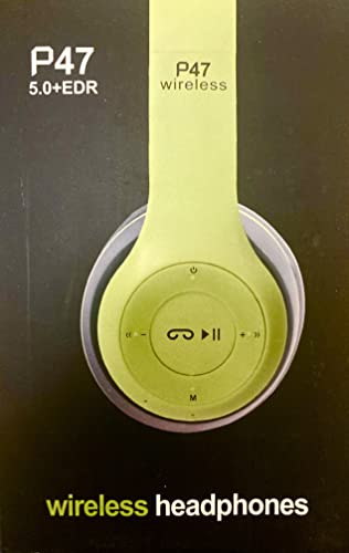 Athletic Wireless Bluetooth On Ear P47, Lightweight FM Radio Travel Headphones (Neon Green)