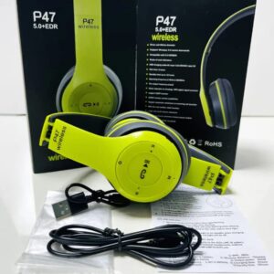 Athletic Wireless Bluetooth On Ear P47, Lightweight FM Radio Travel Headphones (Neon Green)