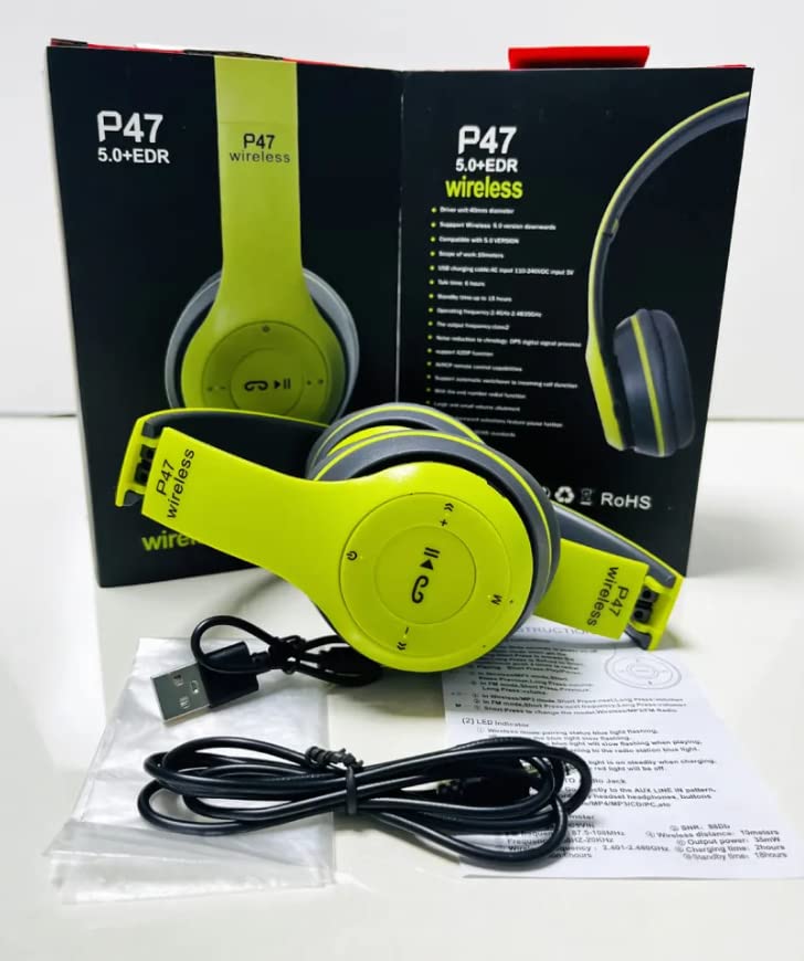 Athletic Wireless Bluetooth On Ear P47, Lightweight FM Radio Travel Headphones (Neon Green)