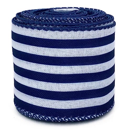 Leecogo Ribbon Wired,2 1/2”x10 Yard,Navy Blue White Stripe Ribbon for Easter, Christmas,Independence Day, Wreath, Spring, Summer, Wedding, Baby Shower, Birthday