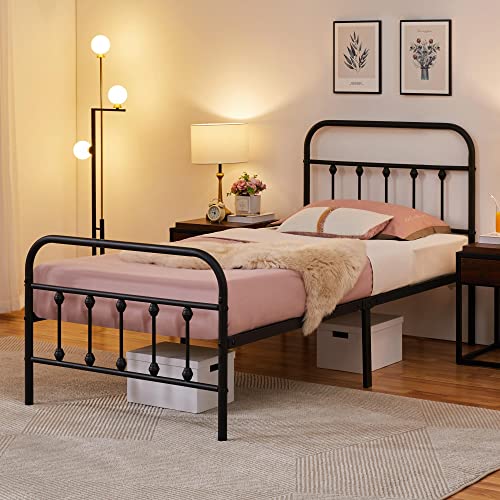 Topeakmart Twin XL Size Victorian Style Metal Bed Frame with Headboard/Mattress Foundation/No Box Spring Needed/Under Bed Storage/Strong Slat Support Black